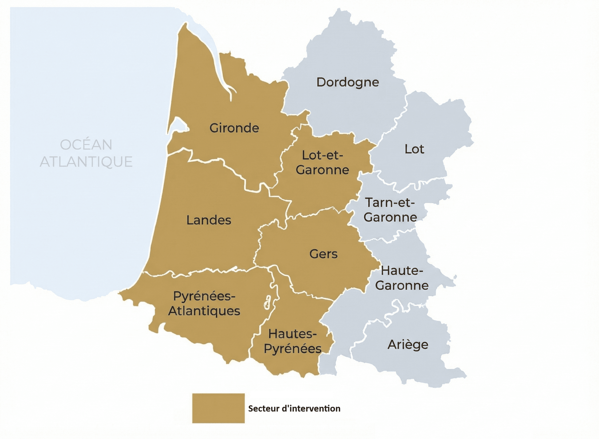 Carte de la zone d'intervention Expert Bâtiment (Sud-Ouest)
