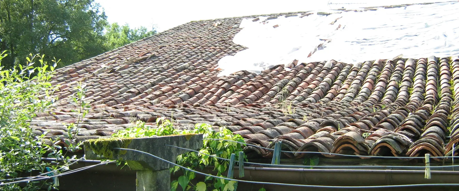 Toiture en tuile canal dégradée, tuiles déplacées et bâche posée en urgence sur une maison landaise